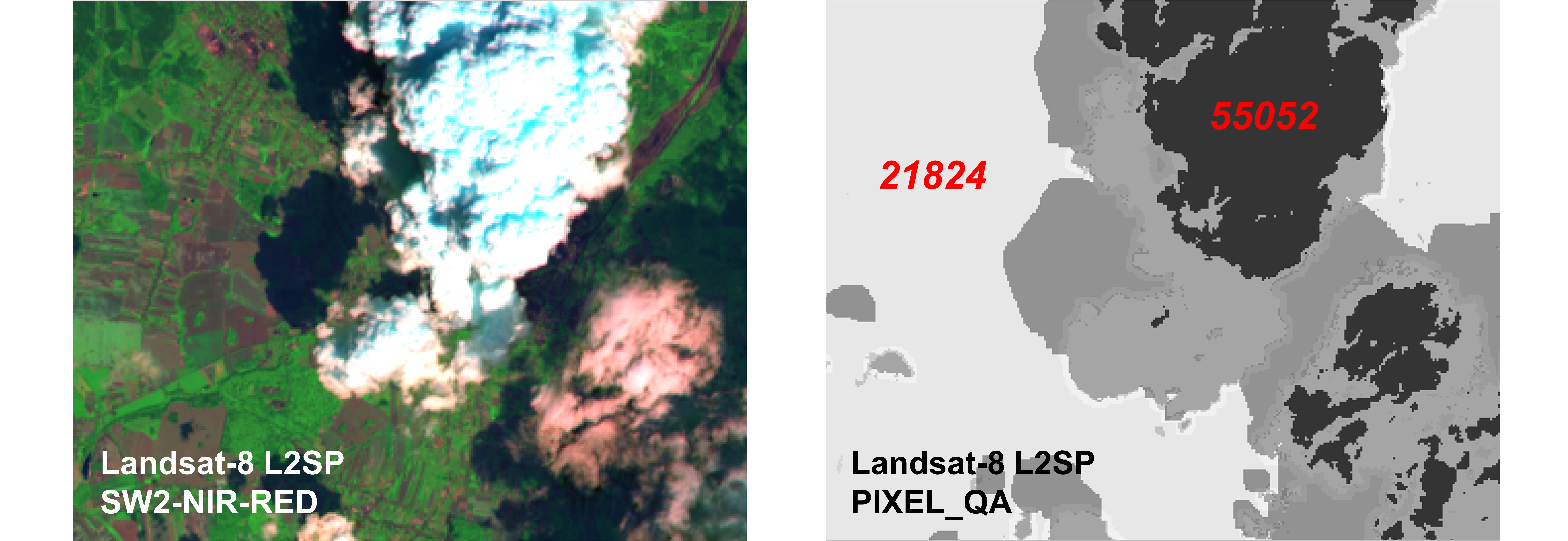 Zoom-in on false-colour image (left) and associated QA_PIXEL image-file (LC08_L2SP_189025_20140716_20200911_02_T1_QA_PIXEL) (right.)