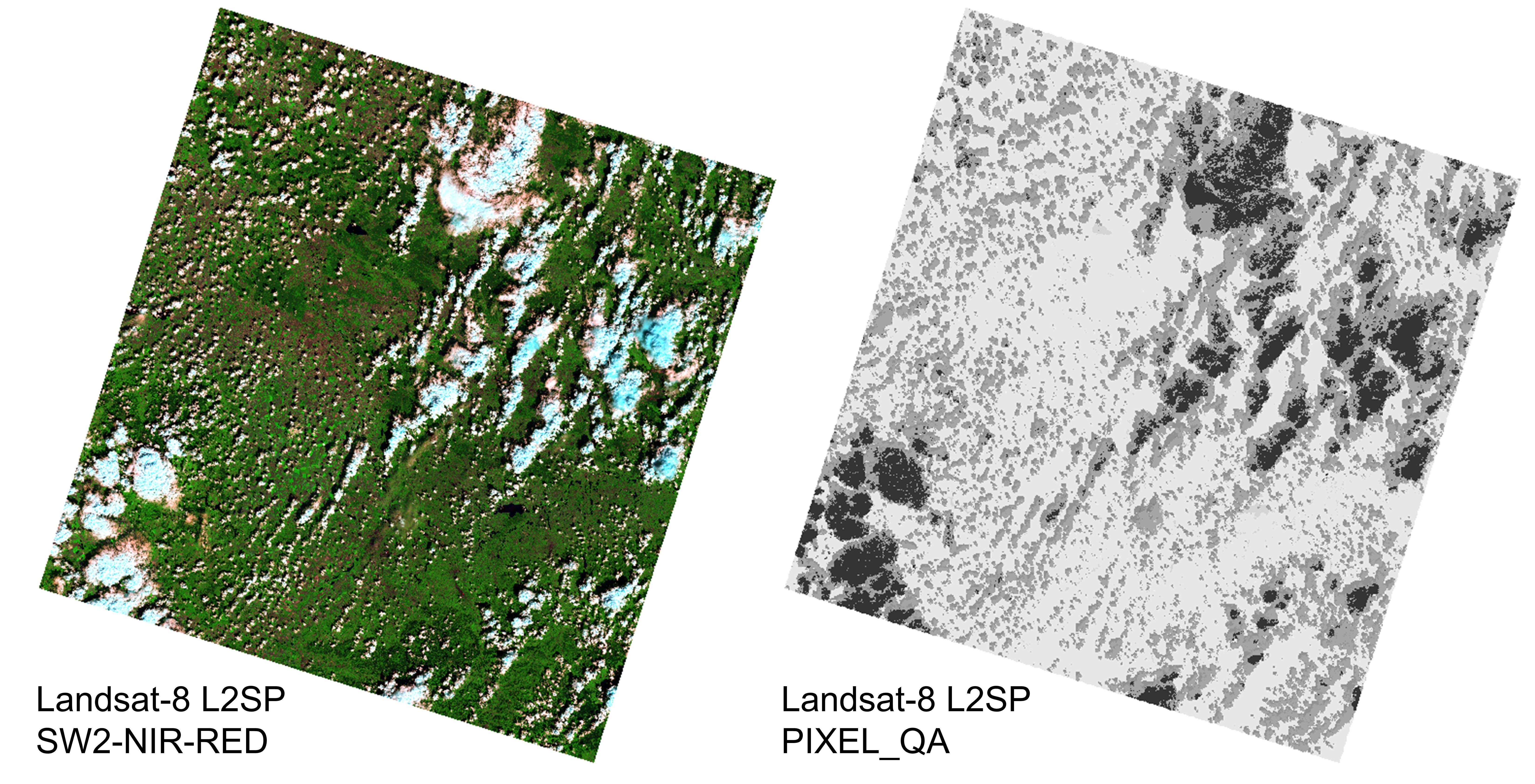 False-color representation of a cloudy Landsat Level 2 image (left) and a grey-scale visualization of the Landsat QA band (right)