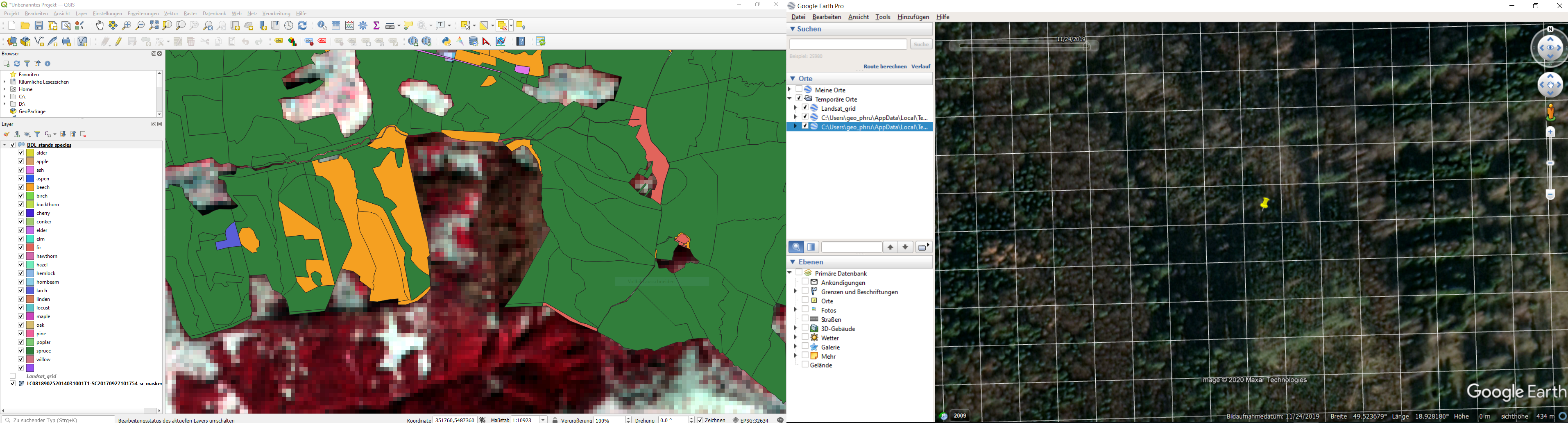 Exemplary setup of QGIS (left, includes forestry polygons, and Landsat images) and Google Earth (right, includes Landsat pixel grid as kml file, and historic images acquired during autumn), both linked with the Send2GE plugin