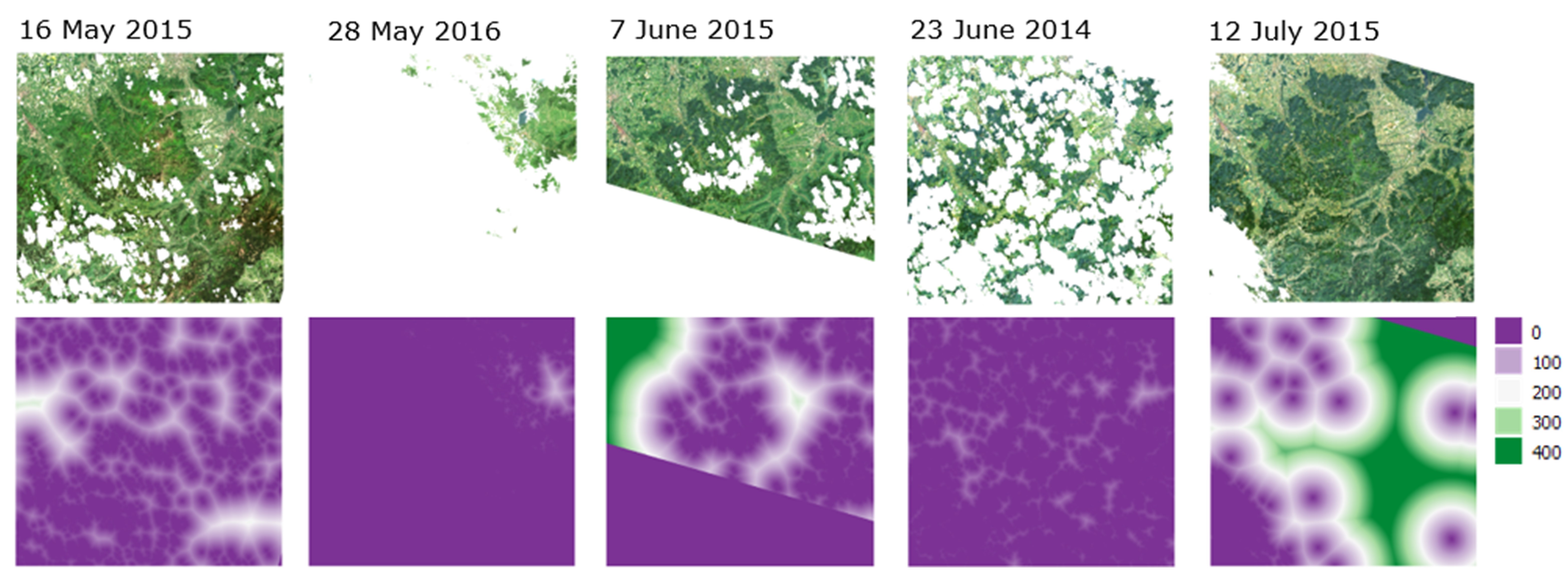 Five images to be used for best-pixel compositing and their DOY and year offsets